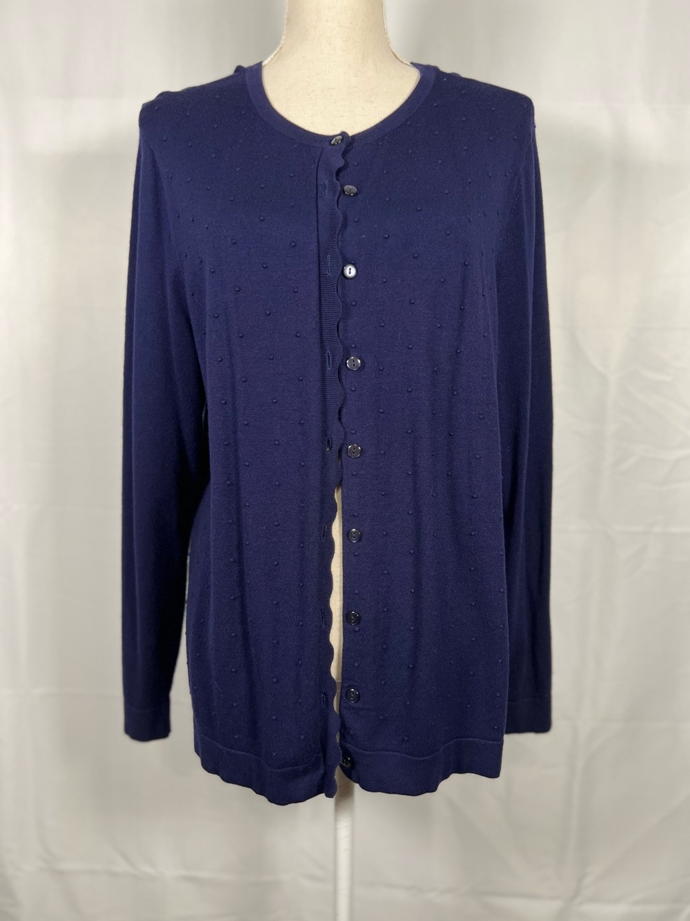 Croft & Barrow XL Navy Blue Scalloped Front Swiss Dot Cardigan Sweater Classic - Picture 9 of 9